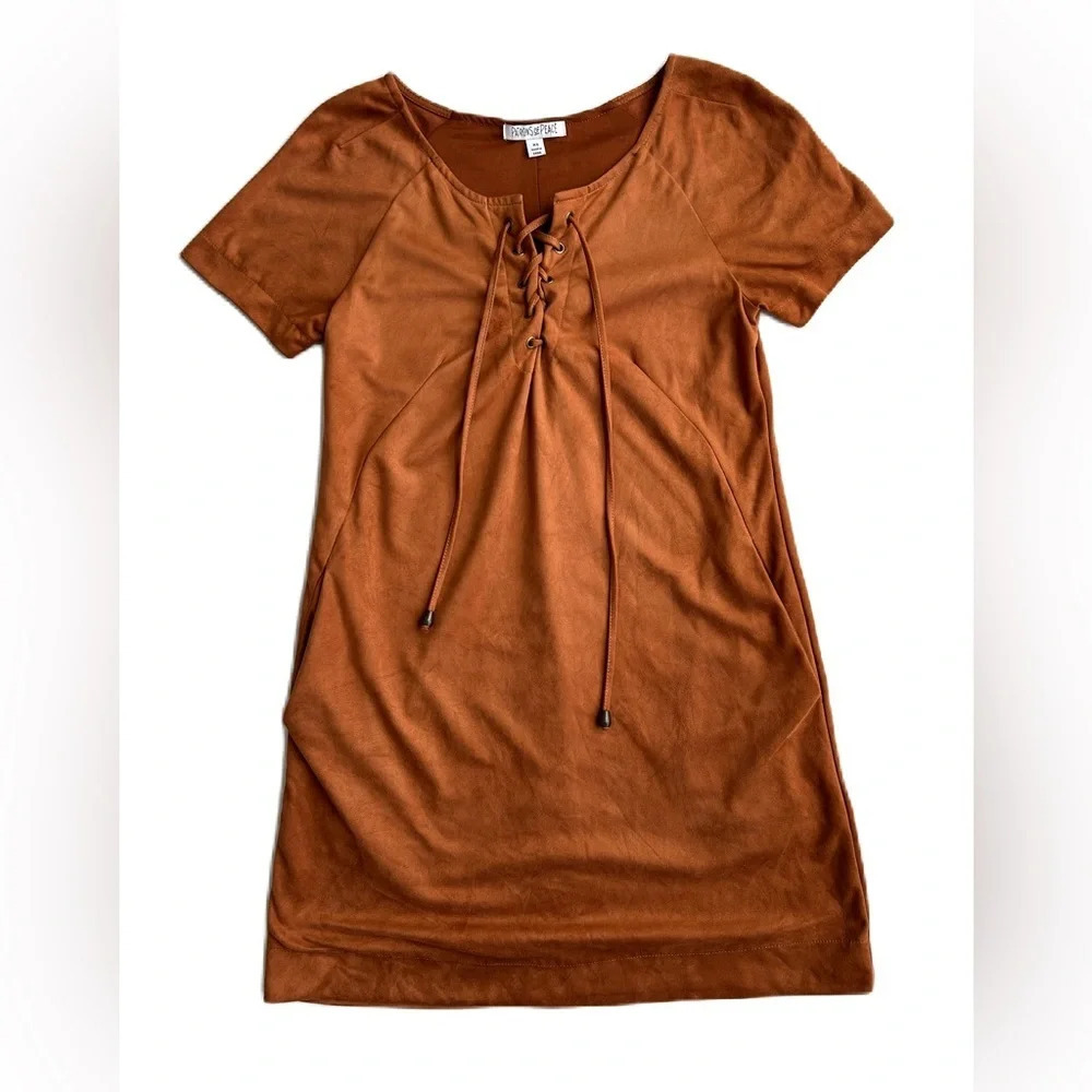 Patrons of Peace Brown Faux Suede‎ Short Sleeve Mini Dress XS Boho Festival - Picture 3 of 9